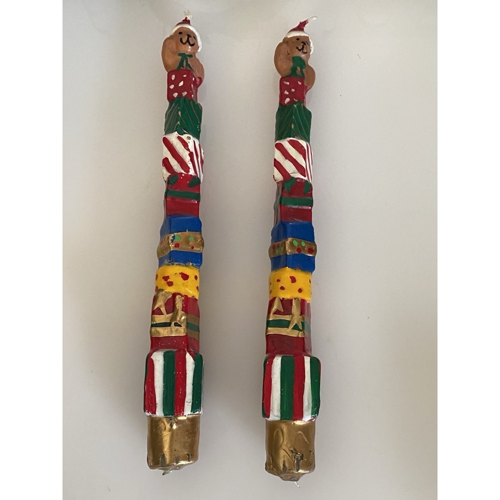 Vintage Giftco Set of 2 Christmas Bears Wax Holiday Teddy‎ Candles 7" Taper